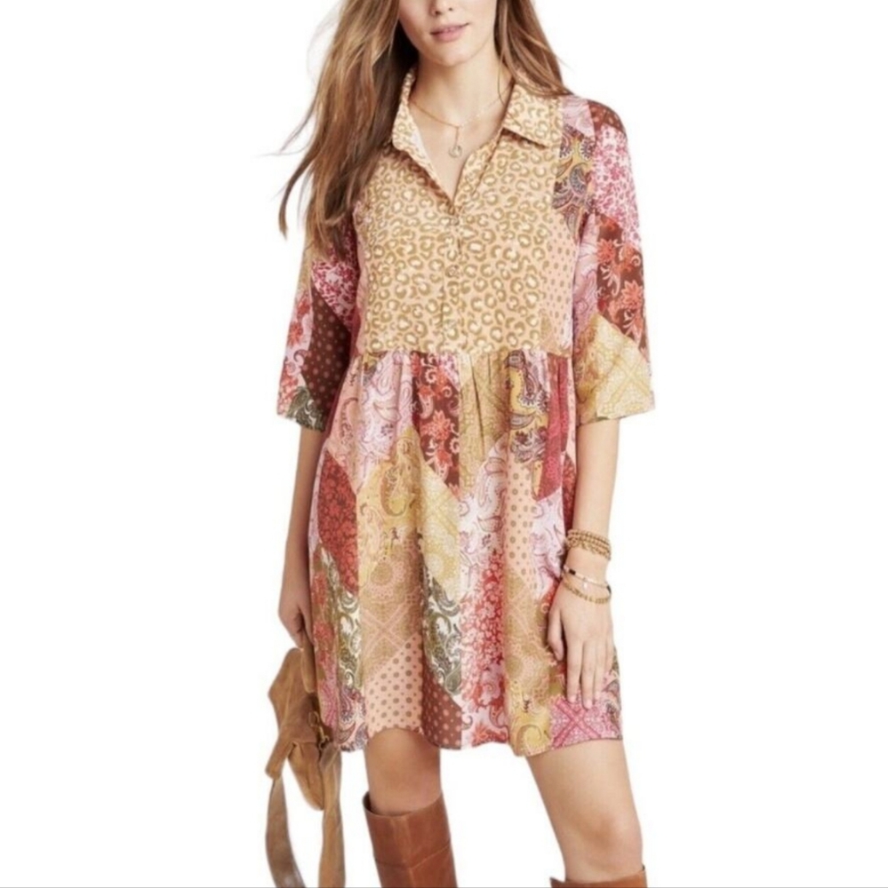 Kachel x Anthropologie Benedetta Patchwork Silk Tunic Dress in Pink Combo Size 2